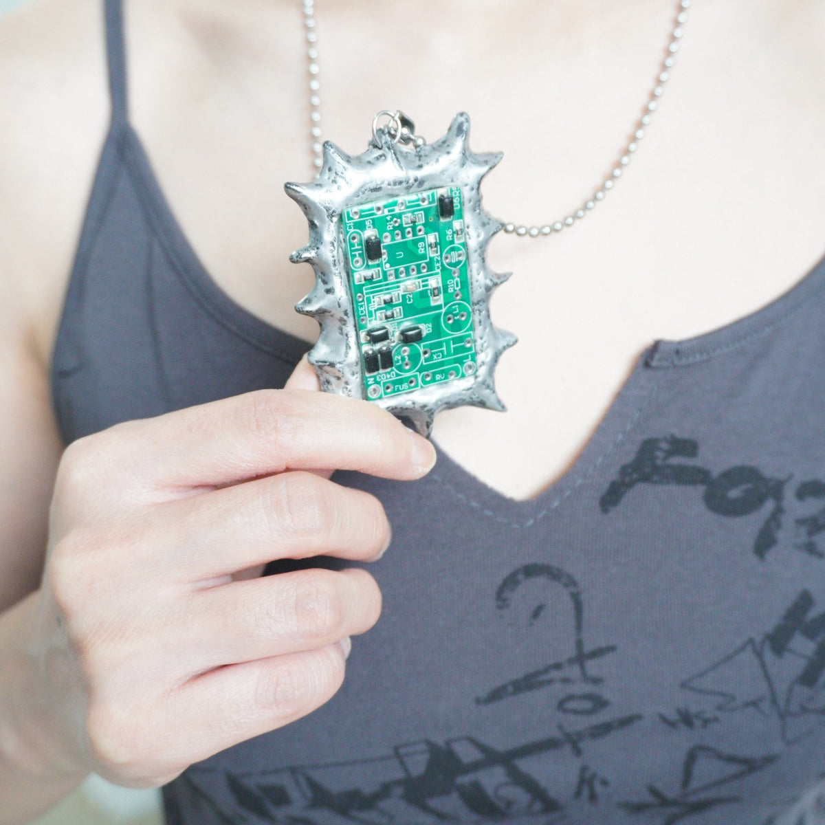 Circuit Board Polymer Clay Spiked Pendant Necklace — One-of-a-Kind - futuristic jewelry - TUAN TUAN