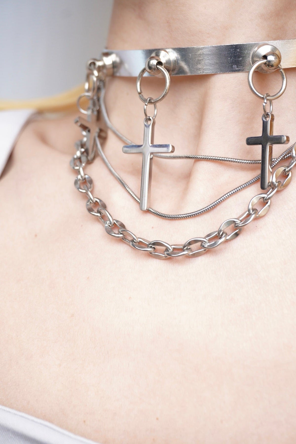 Futuristic Cross Choker – Silver Tone Aluminum Handmade Necklace - futuristic jewelry - TUAN TUAN