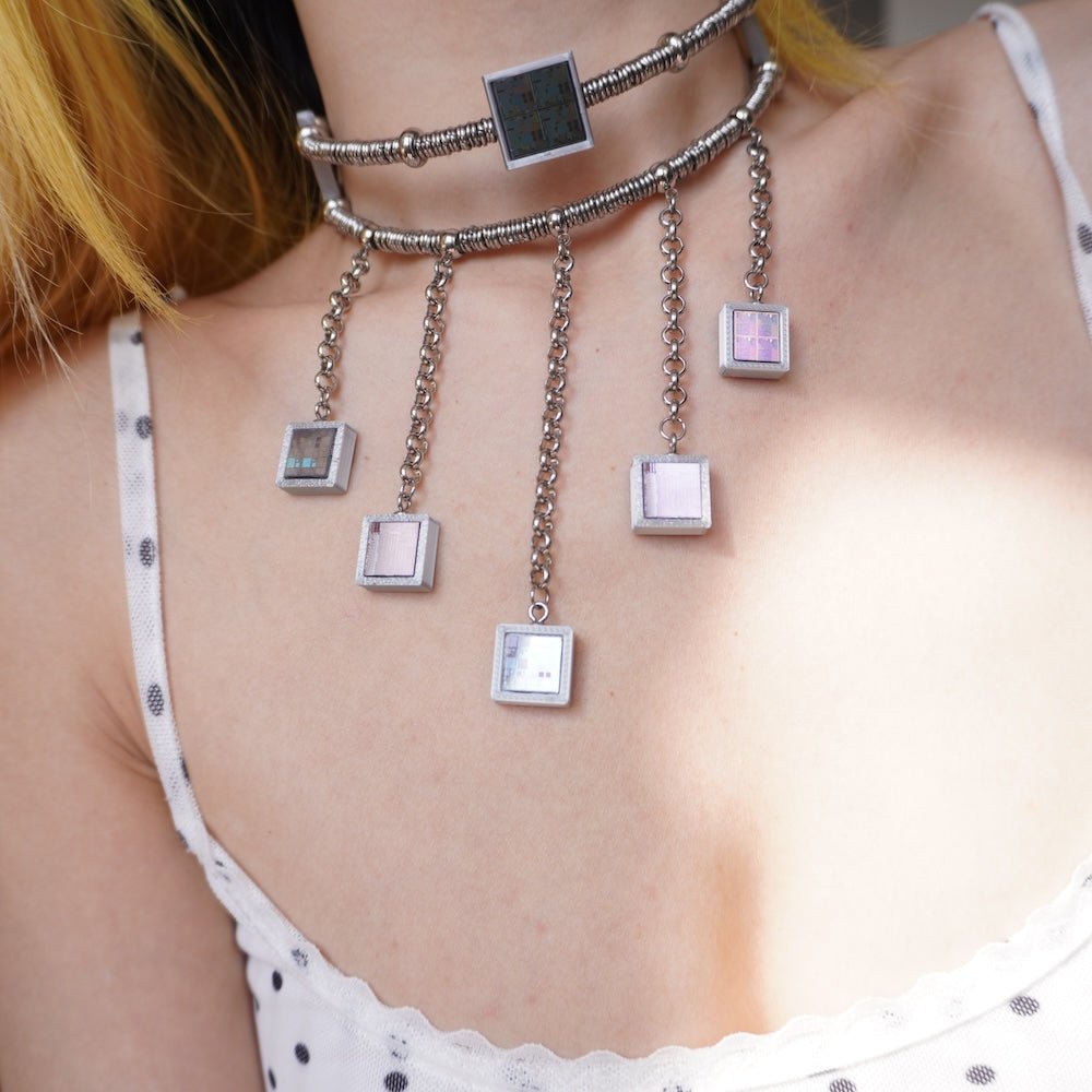 Futuristic Double-Layer Fringe Choker— Electroni Silicon Wafer Necklace-one-of-kind - futuristic jewelry - TUAN TUAN