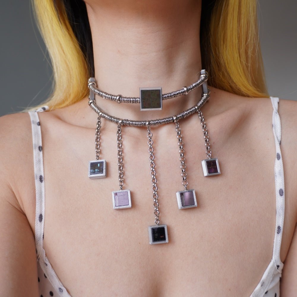 Futuristic Double-Layer Fringe Choker— Electroni Silicon Wafer Necklace-one-of-kind - futuristic jewelry - TUAN TUAN
