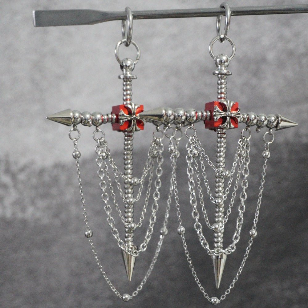 Gothic Spike Cross Earrings (Pair)| Chain Tassel Convertible Necklace - futuristic jewelry - TUAN TUAN