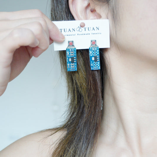 Handmade Circuit Board Button Stud Earrings — One-of-a-Kind - futuristic jewelry - TUAN TUAN