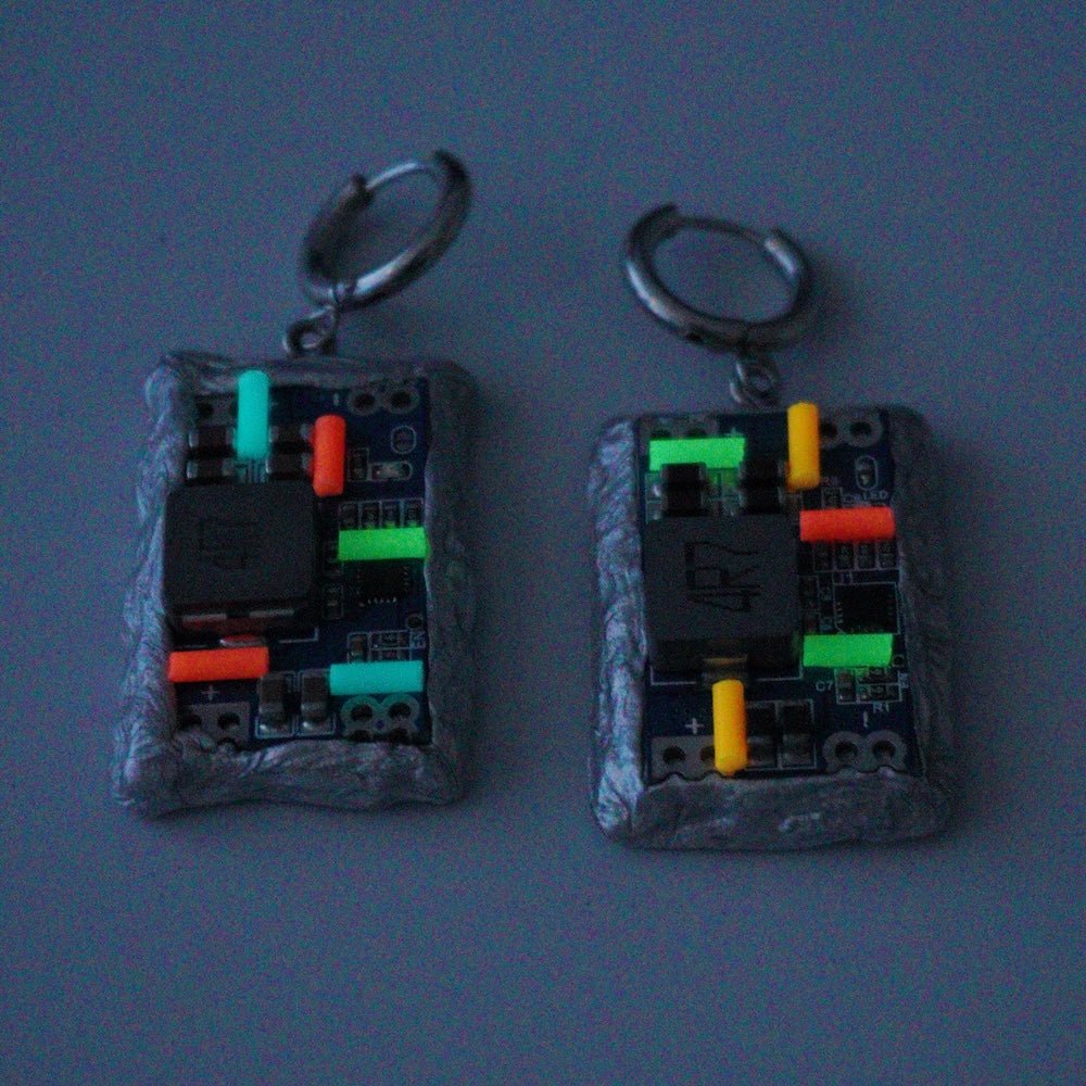 Handmade Glow-in-the-Dark Circuit Board Hoop Earrings — One-of-a-Kind - futuristic jewelry - TUAN TUAN