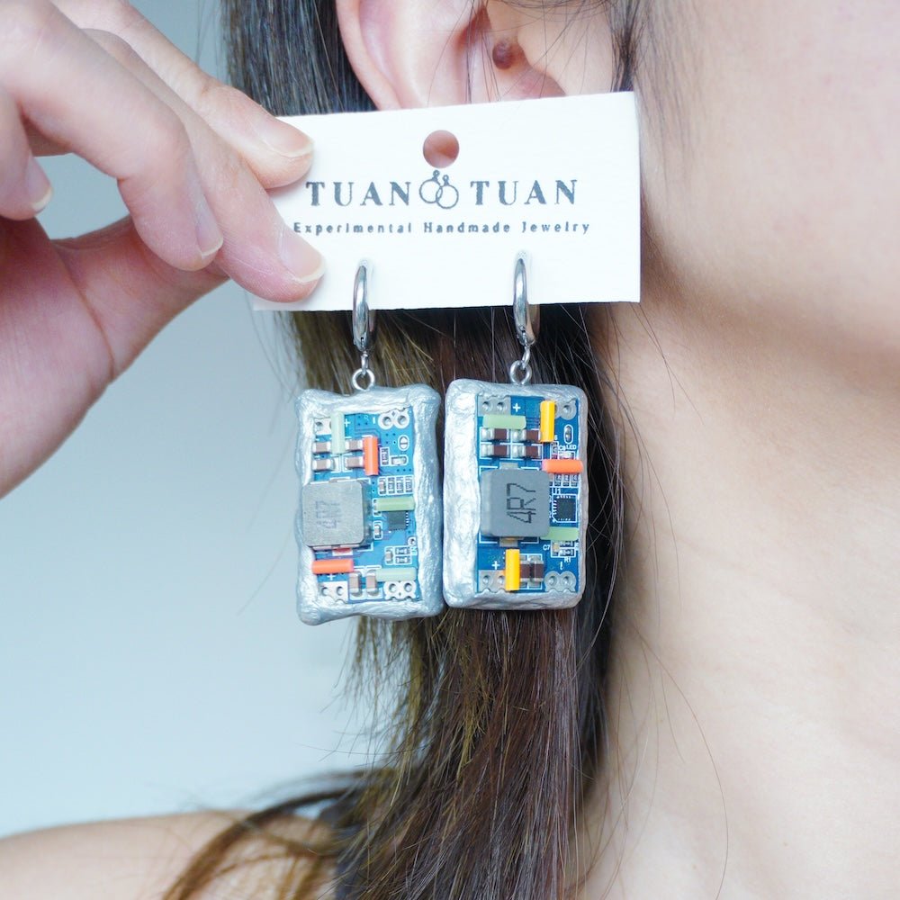 Handmade Glow-in-the-Dark Circuit Board Hoop Earrings — One-of-a-Kind - futuristic jewelry - TUAN TUAN