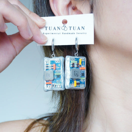 Handmade Glow-in-the-Dark Circuit Board Hoop Earrings — One-of-a-Kind - futuristic jewelry - TUAN TUAN