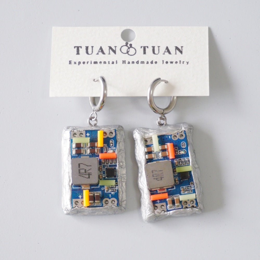 Handmade Glow-in-the-Dark Circuit Board Hoop Earrings — One-of-a-Kind - futuristic jewelry - TUAN TUAN