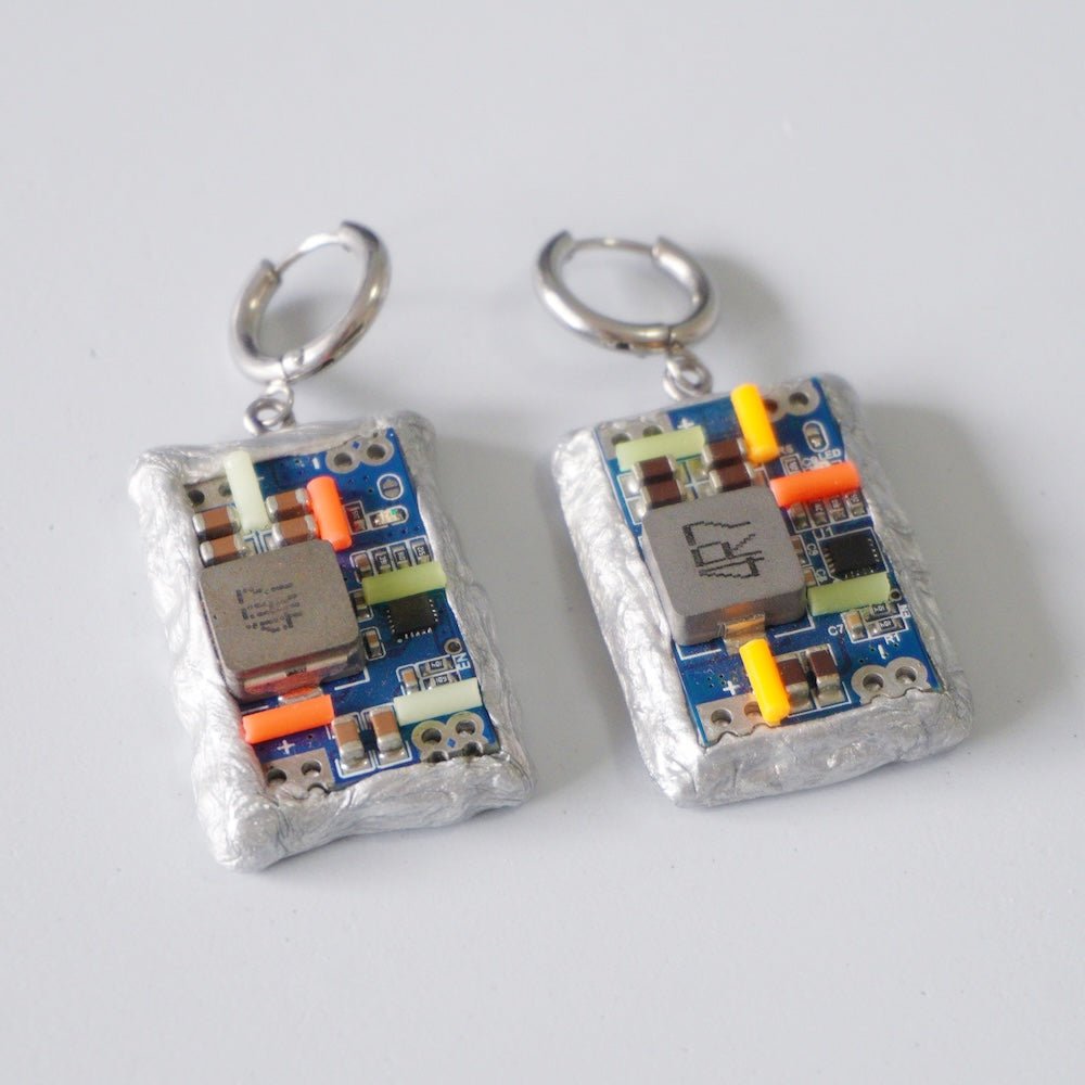 Handmade Glow-in-the-Dark Circuit Board Hoop Earrings — One-of-a-Kind - futuristic jewelry - TUAN TUAN