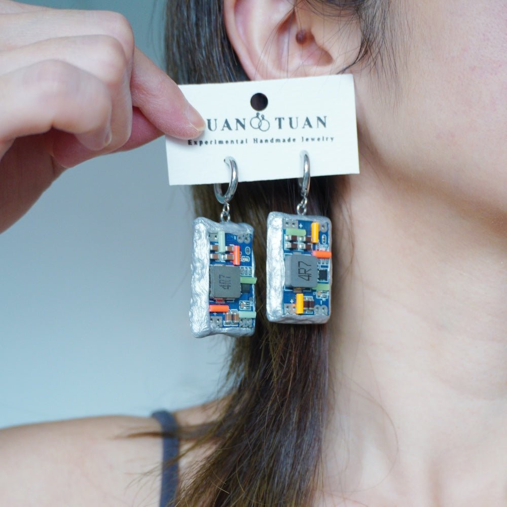 Handmade Glow-in-the-Dark Circuit Board Hoop Earrings — One-of-a-Kind - futuristic jewelry - TUAN TUAN