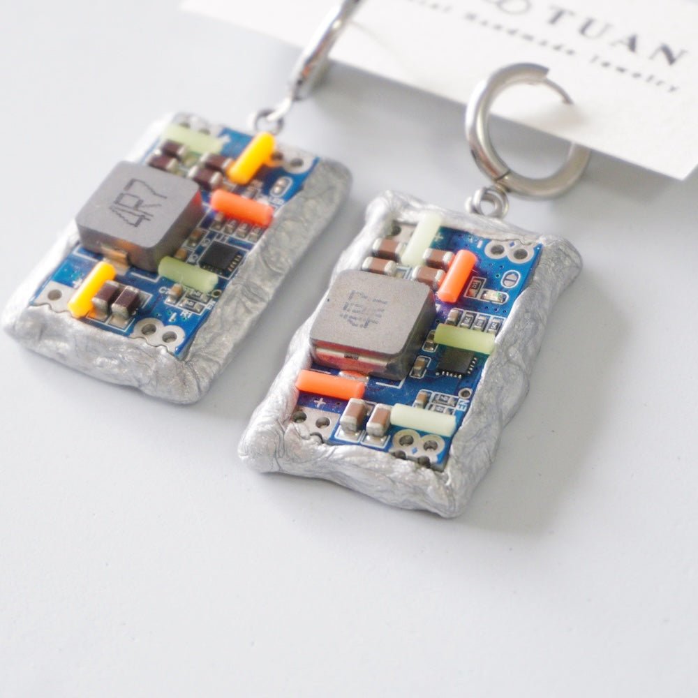 Handmade Glow-in-the-Dark Circuit Board Hoop Earrings — One-of-a-Kind - futuristic jewelry - TUAN TUAN