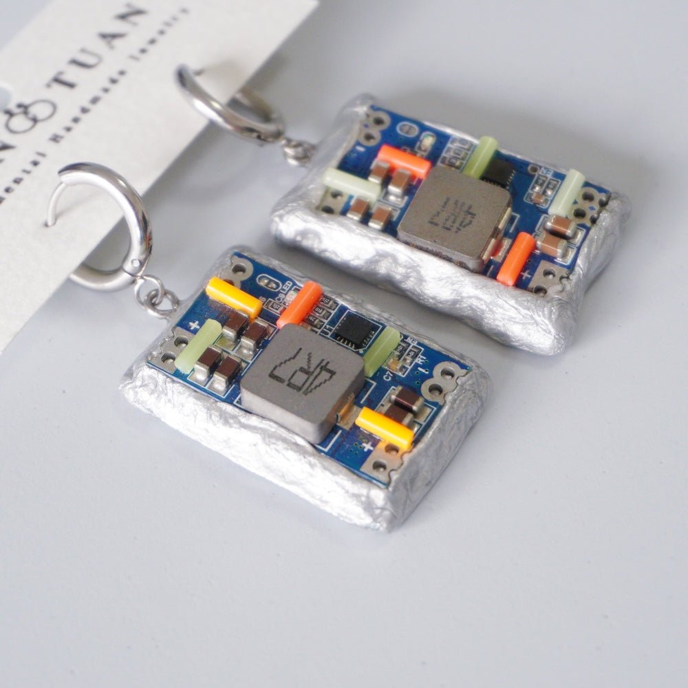 Handmade Glow-in-the-Dark Circuit Board Hoop Earrings — One-of-a-Kind - futuristic jewelry - TUAN TUAN