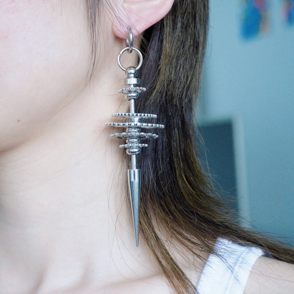 Industrial Gear Dangle Earrings – Silver Spike Statement Earrings - futuristic jewelry - TUAN TUAN