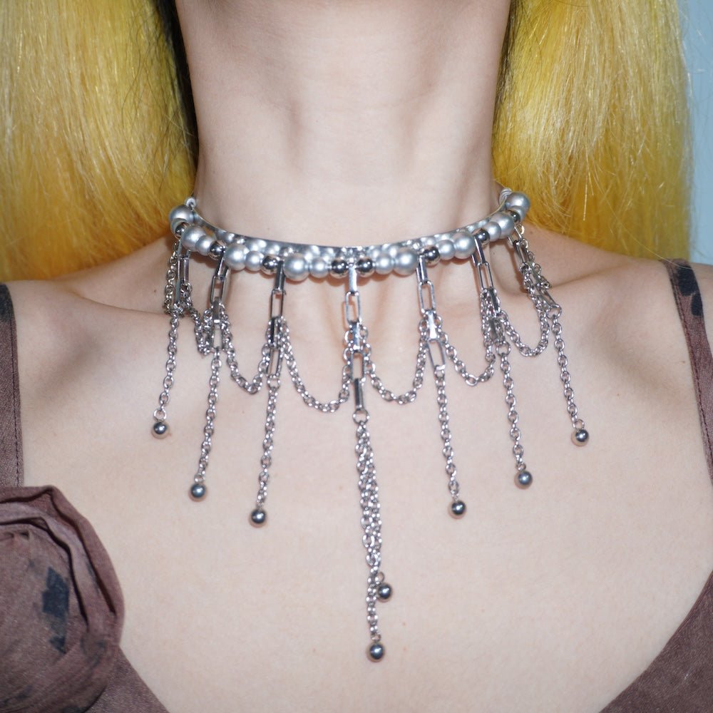 Multi-Tier Fringe Futuristic ChokerSilver Tone Aluminum Handmade Necklace - futuristic jewelry - TUAN TUAN