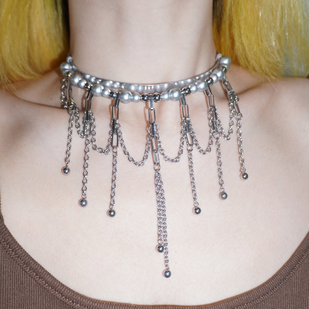 Multi-Tier Fringe Futuristic ChokerSilver Tone Aluminum Handmade Necklace - futuristic jewelry - TUAN TUAN