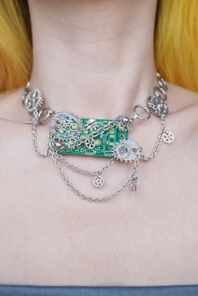 GP008 Gear Chain Circuit Board Multi-Layer Chain Design Handmade Necklace (one -of-a-kind)