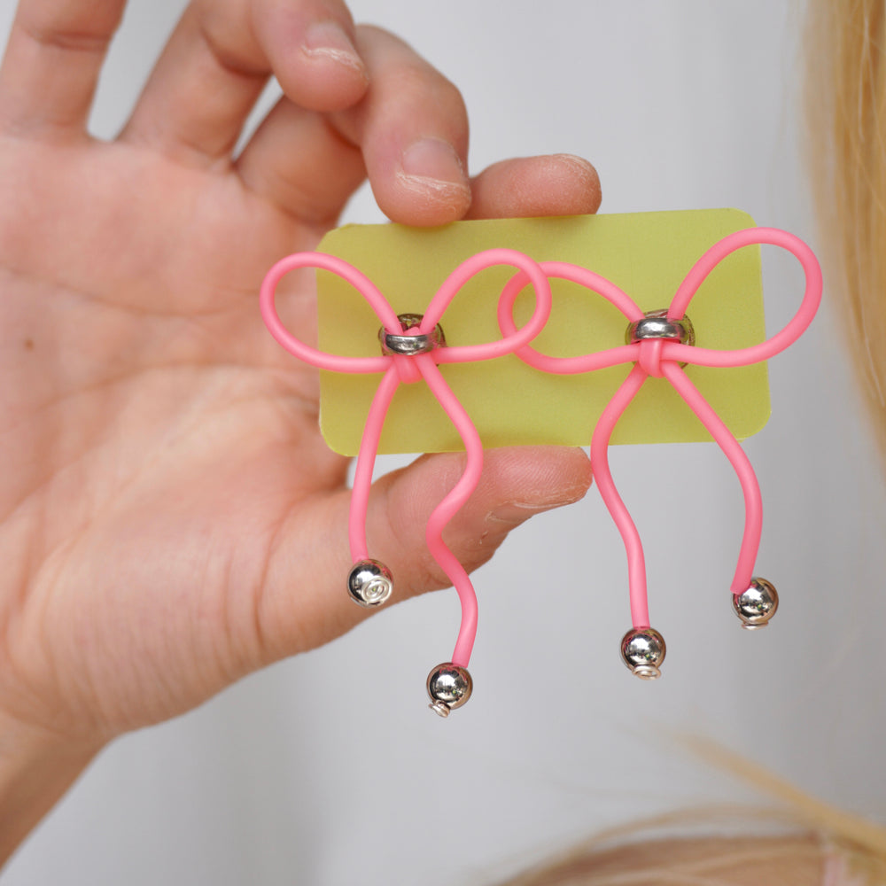 Neon Pink Bow Earrings – Cute Fluorescent Kawaii Handcrafted Jewelry