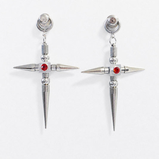 Red Crystal Spike Cross Earrings (Pair)| Earrings to Necklace Conversion with Chain - futuristic jewelry - TUAN TUAN