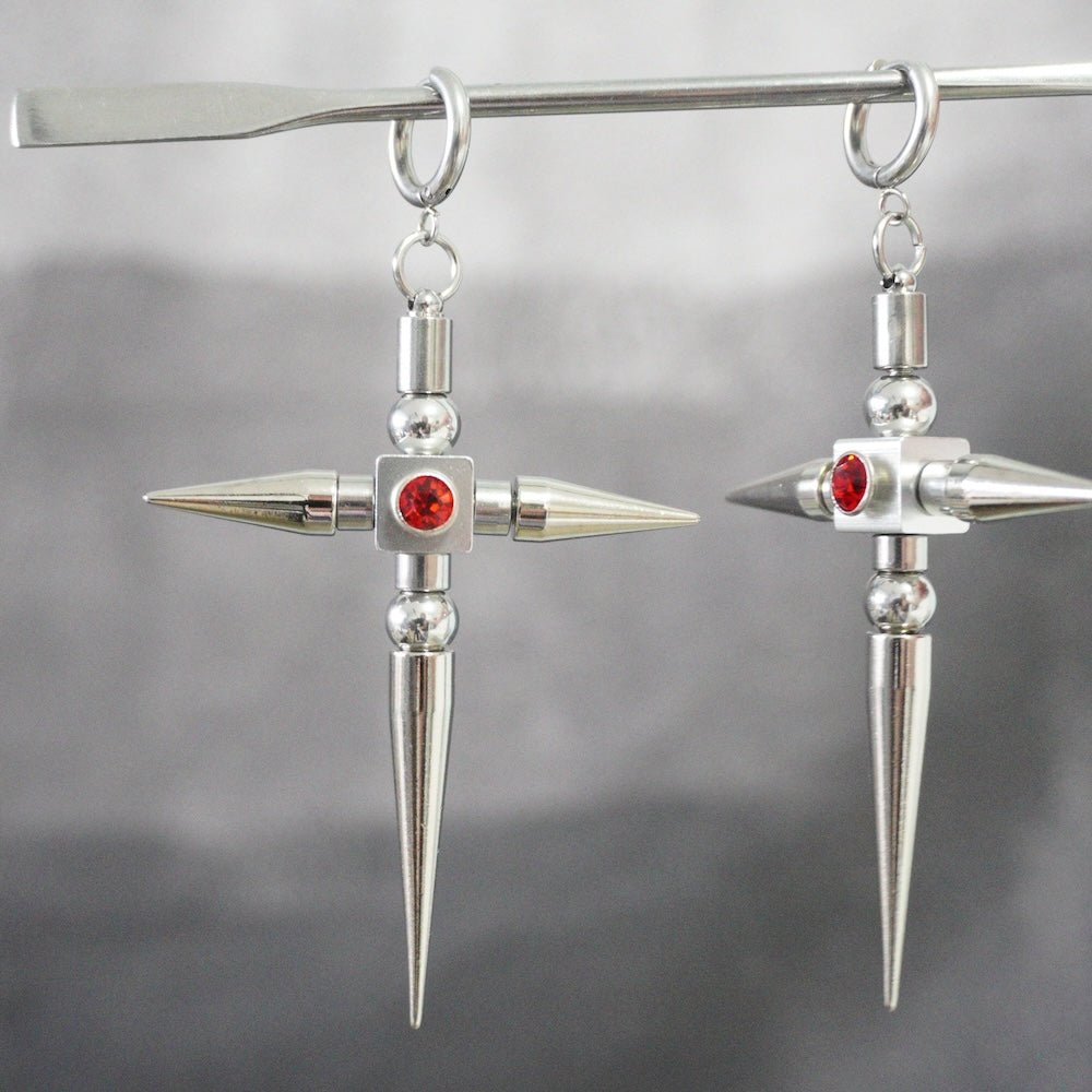 Red Crystal Spike Cross Earrings (Pair)| Earrings to Necklace Conversion with Chain - futuristic jewelry - TUAN TUAN