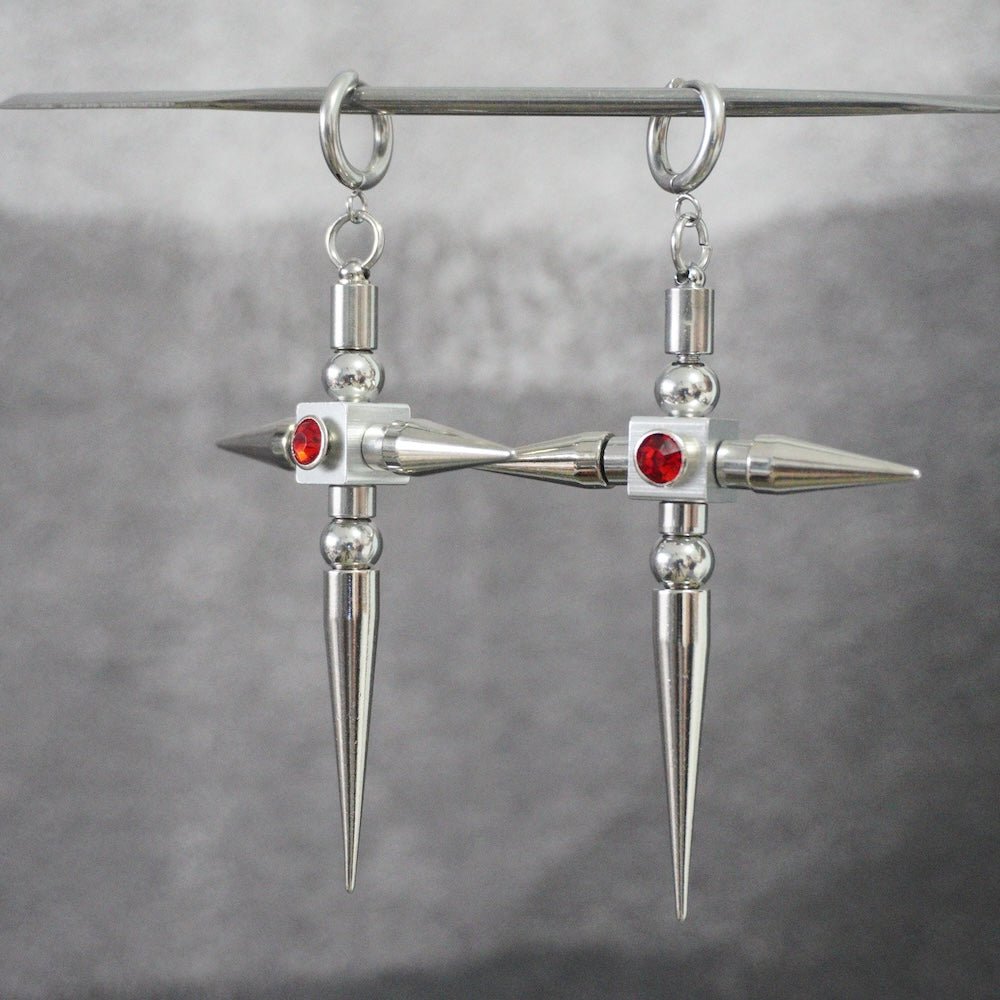 Red Crystal Spike Cross Earrings (Pair)| Earrings to Necklace Conversion with Chain - futuristic jewelry - TUAN TUAN