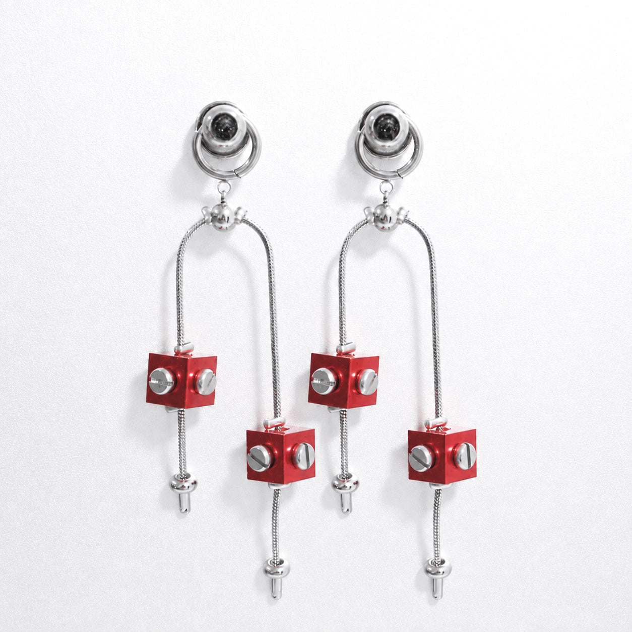 Red Cyber Drop Earrings | Industrial Statement Earrings (Pair) - futuristic jewelry - TUAN TUAN